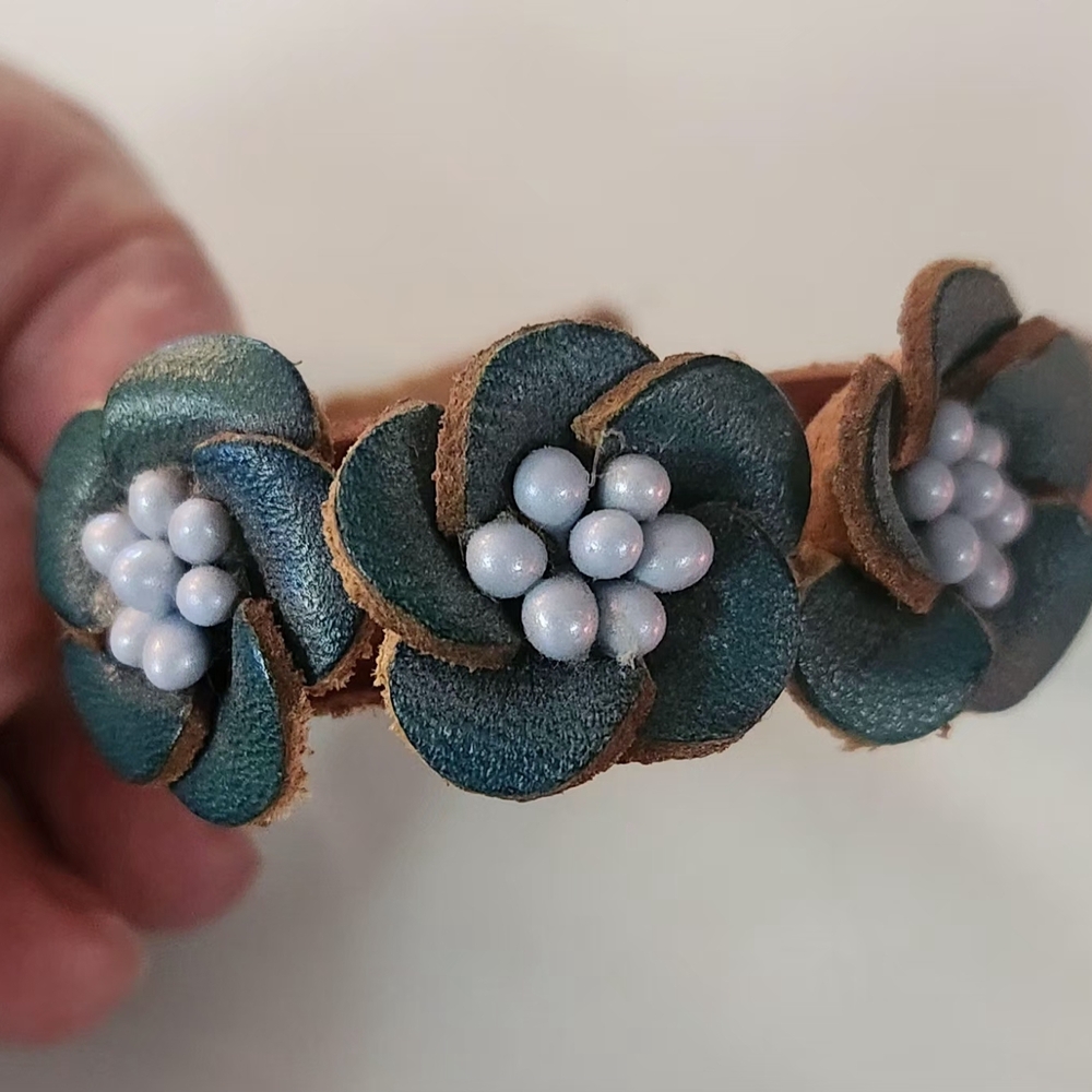 Teal Floral Leather Bracelet with Beaded Centers